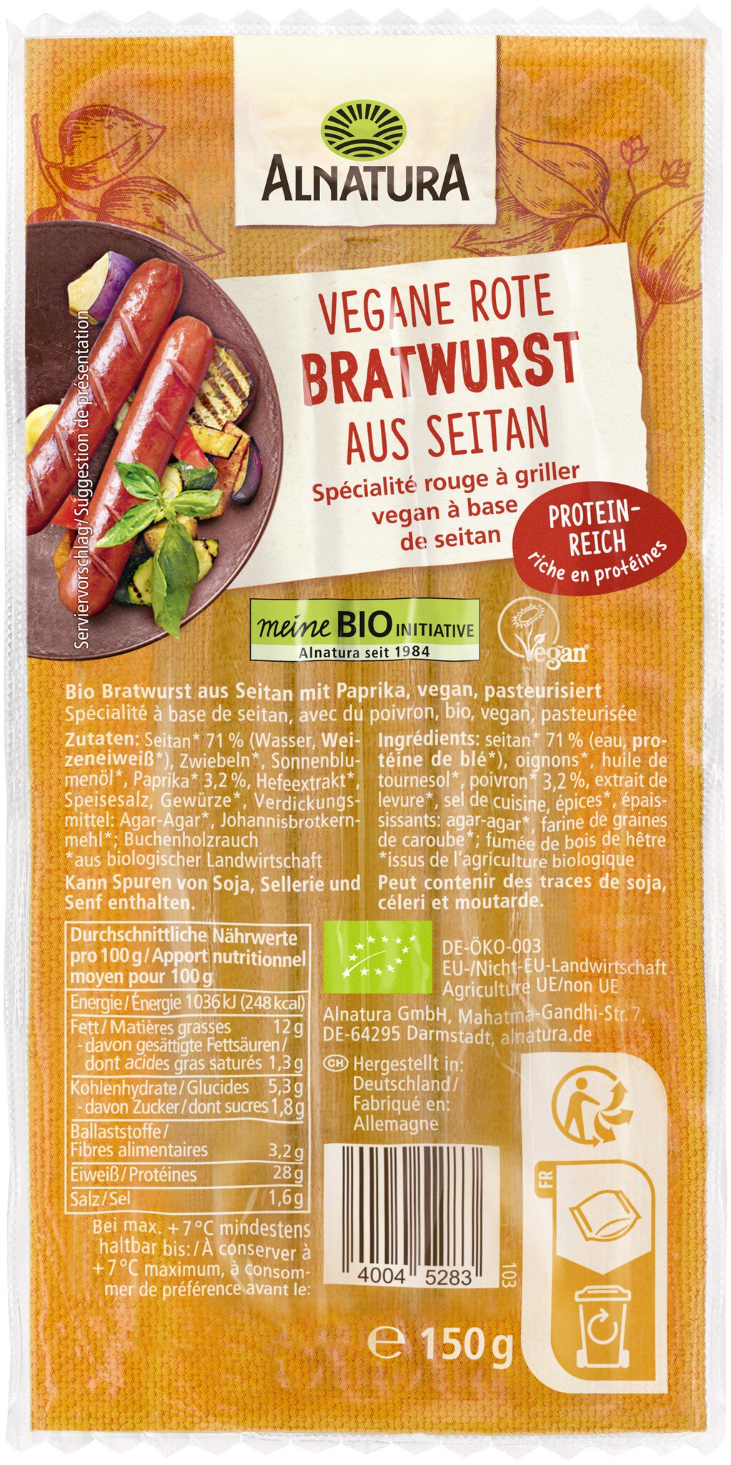 Vegane rote Bratwurst aus Seitan (gekühlt) (150 g) in Bio-Qualität von  Alnatura