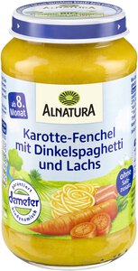 Karotte, Fenchel mit Dinkelspaghetti und Lachs 