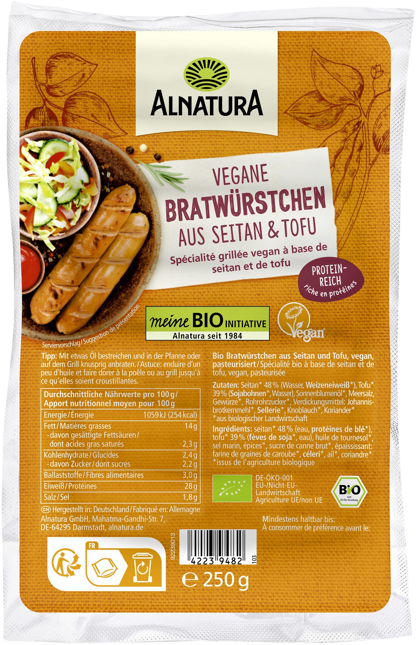 Vegane Bratwürstchen aus Tofu und Seitan (ungekühlt) (250 g) in Bio ...